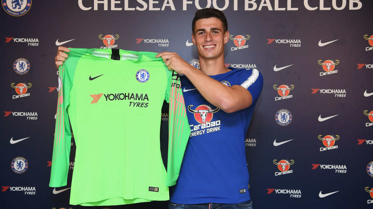 COBHAM, ENGLAND - AUGUST 08: Kepa Arrizabalaga signs for Chelsea at Chelsea Training Ground on August 8, 2018 in Cobham, England.