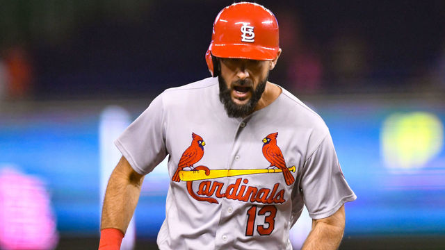 MIAMI, FL - AUGUST 07: Matt Carpenter #13 of the St. Louis Cardinals rounds the bases after hitting the go ahead homerun in eighth inning against the Miami Marlins at Marlins Park on August 7, 2018 in Miami, Florida.
