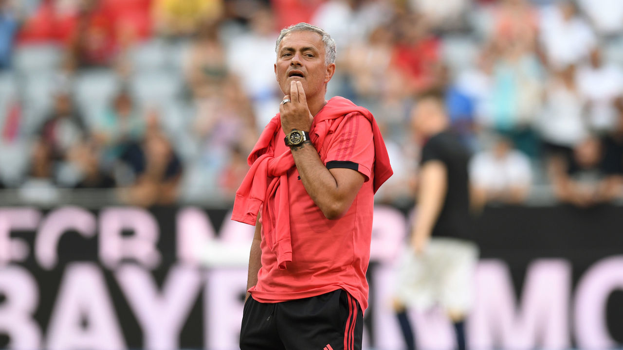 Manchester United's Portuguese manager Jose Mourinho attends the warm up prior to the pre-season friendly football match between FC Bayern Munich and Manchester United at the Allianz Arena in Munich, southern Germany, on August 5, 2018.