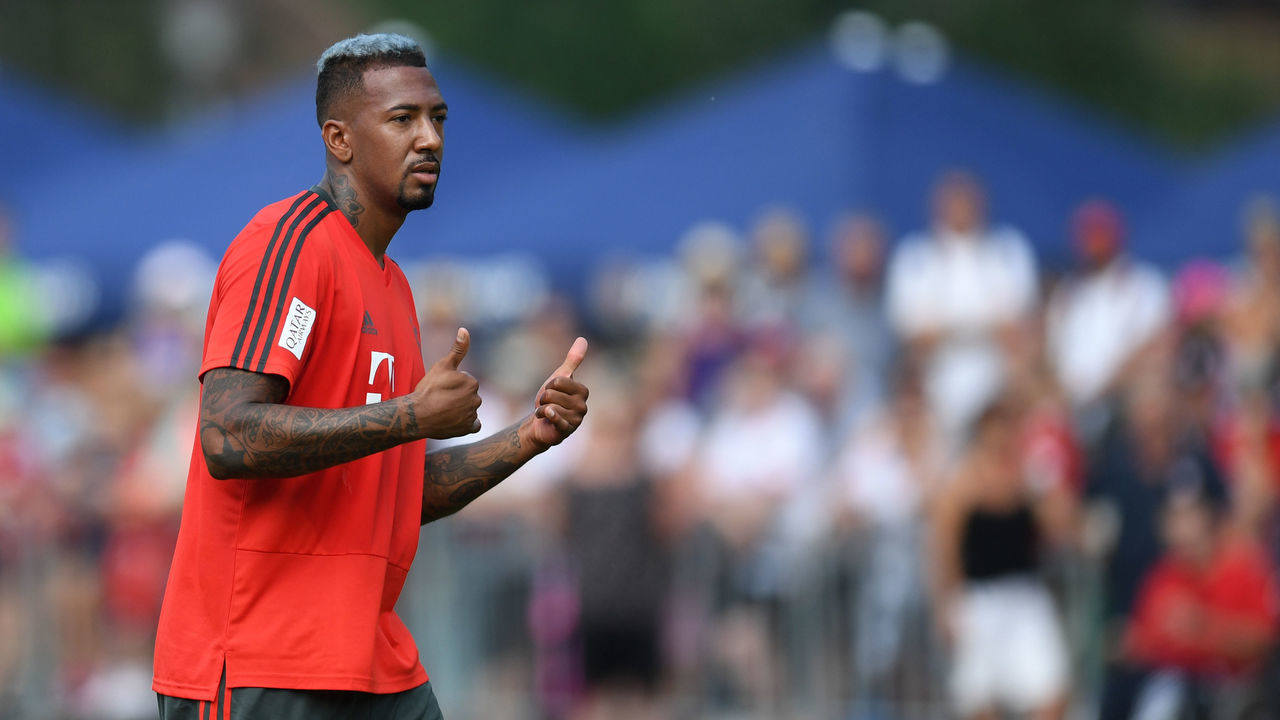 Bayern Munich's defender Jerome Boateng gestures during a team training session of the German first division Bundesliga team FC Bayern Munich in the team training camp in Rottach-Egern, southern Germany, on August 3, 2018.