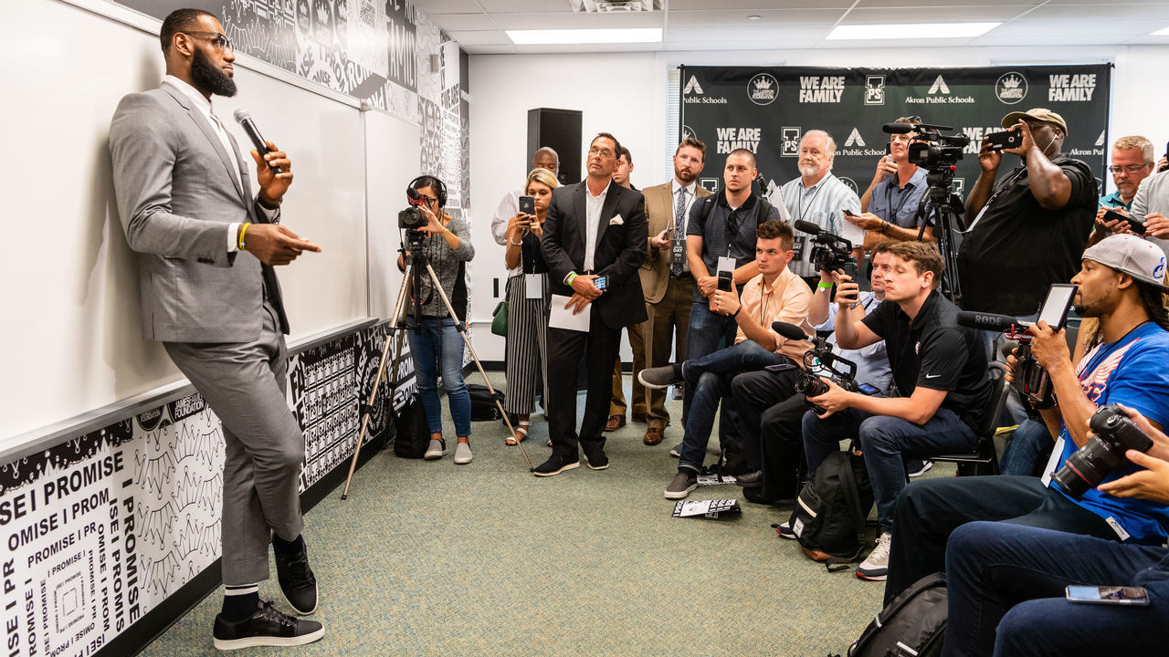 AKRON, OH - JULY 30: LeBron James addresses the media after the opening ceremonies of the I Promise School on July 30, 2018 in Akron, Ohio. The School is a partnership between the LeBron James Family foundation and the Akron Public School and is designed to serve Akron's most challenged students.