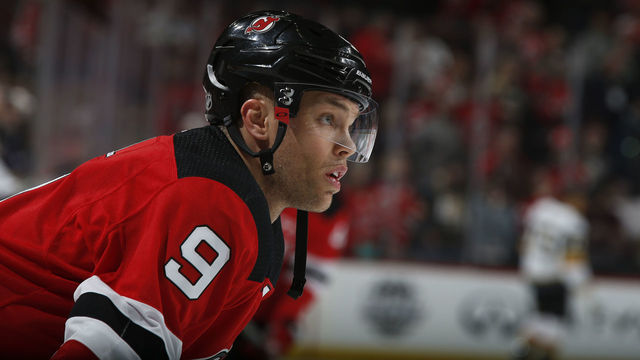 NEWARK, NJ - MARCH 4: Taylor Hall #9 of the New Jersey Devils warms up prior to taking on the Vegas Golden Knights at the Prudential Center on March 4, 2018 in Newark, New Jersey.