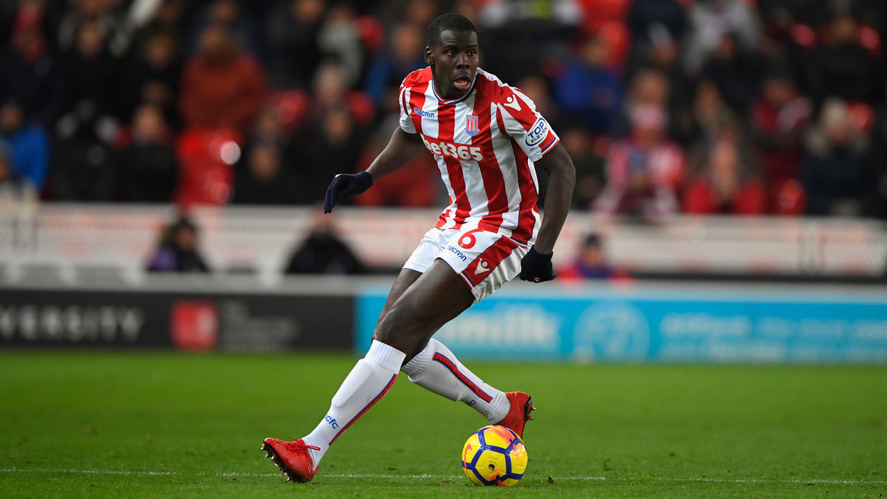 STOKE ON TRENT, ENGLAND - NOVEMBER 29: Stoke player Kurt Zouma in action during the Premier League match between Stoke City and Liverpool at Bet365 Stadium on November 29, 2017 in Stoke on Trent, England.