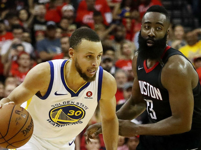 HOUSTON, TX - MAY 28: Stephen Curry #30 of the Golden State Warriors drives against James Harden #13 of the Houston Rockets in the third quarter of Game Seven of the Western Conference Finals of the 2018 NBA Playoffs at Toyota Center on May 28, 2018 in Houston, Texas.