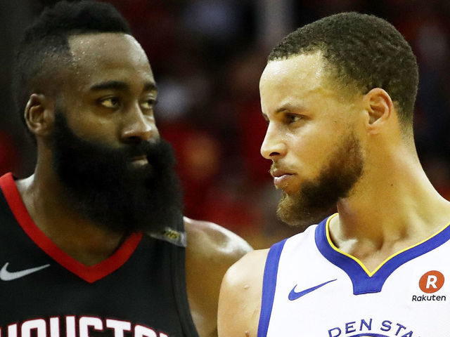 HOUSTON, TX - MAY 28: Stephen Curry #30 of the Golden State Warriors reacts as James Harden #13 of the Houston Rockets looks on in the third quarter of Game Seven of the Western Conference Finals of the 2018 NBA Playoffs at Toyota Center on May 28, 2018 in Houston, Texas.