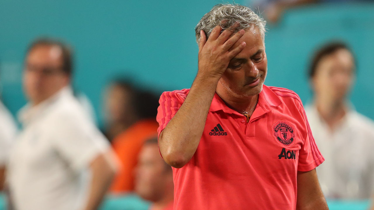MIAMI, FL - JULY 31: A dejected Jose Mourinho the head coach / manager of Manchester United at full time during the International Champions Cup 2018 fixture between Manchester United v Real Madrid at Hard Rock Stadium on July 31, 2018 in Miami, Florida.