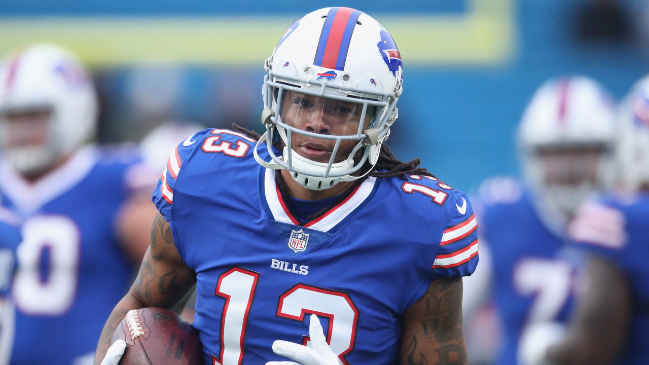BUFFALO, NY - NOVEMBER 12: Kelvin Benjamin #13 of the Buffalo Bills warms up before the start of NFL game action against the New Orleans Saints at New Era Field on November 12, 2017 in Buffalo, New York.