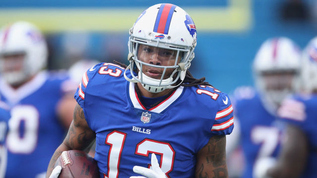 BUFFALO, NY - NOVEMBER 12: Kelvin Benjamin #13 of the Buffalo Bills warms up before the start of NFL game action against the New Orleans Saints at New Era Field on November 12, 2017 in Buffalo, New York.