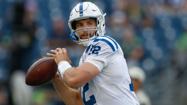 SEATTLE, WA - AUGUST 09: Quarterback Andrew Luck #12 of the Indianapolis Colts warms up prior to the game against the Seattle Seahawks at CenturyLink Field on August 9, 2018 in Seattle, Washington.
