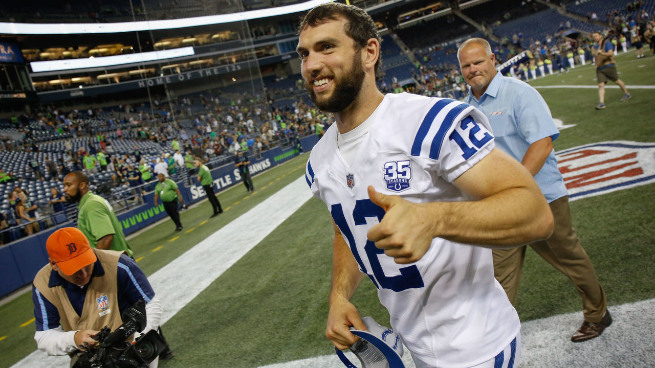 SEATTLE, WA - AUGUST 09: Quarterback Andrew Luck #12 of the Indianapolis Colts heads off the field after the game against the Seattle Seahawks at CenturyLink Field on August 9, 2018 in Seattle, Washington. The Colts beat the Seahawks 19-17.