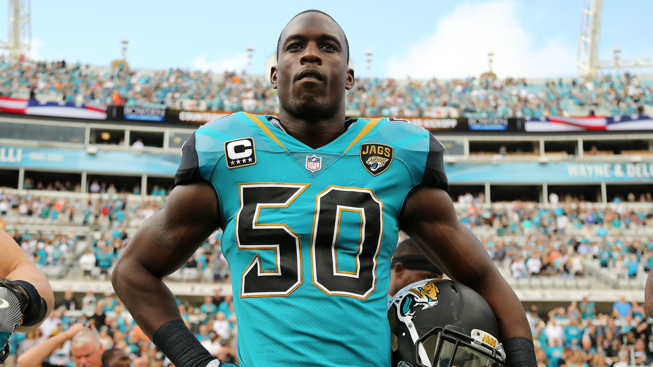 JACKSONVILLE, FL - NOVEMBER 05: Telvin Smith #50 of ther Jacksonville Jaguars waits in the bench area prior to the start of their game against the Cincinnati Bengals at EverBank Field on November 5, 2017 in Jacksonville, Florida.