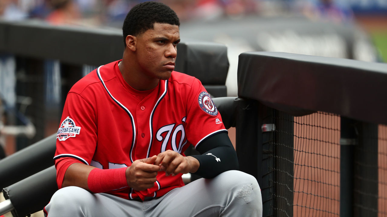 NEW YORK, NY - JULY 15: Juan Soto #22 of the Washington Nationals looks on against the New York Mets during their game at Citi Field on July 15, 2018 in New York City.