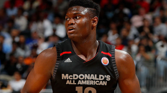 ATLANTA, GA - MARCH 28: Zion Williamson #12 of Spartanburg Day School walks on the court during the 2018 McDonald's All American Game at Philips Arena on March 28, 2018 in Atlanta, Georgia.