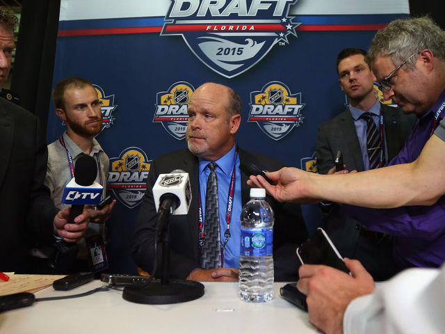 SUNRISE, FL - JUNE 27: Mark Hunter of the Toronto Maple Leafs speaks with the media following the 2015 NHL Draft at BB&T Center on June 27, 2015 in Sunrise, Florida.