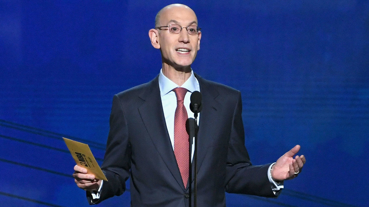 SANTA MONICA, CA - JUNE 25: Adam Silver speaks onstage at the 2018 NBA Awards at Barkar Hangar on June 25, 2018 in Santa Monica, California.