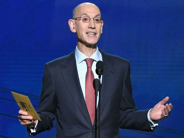 SANTA MONICA, CA - JUNE 25: Adam Silver speaks onstage at the 2018 NBA Awards at Barkar Hangar on June 25, 2018 in Santa Monica, California.