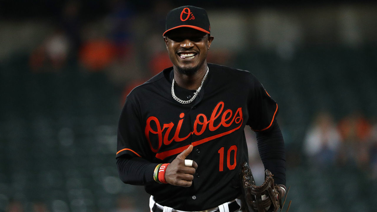 BALTIMORE, MD - JULY 27: Adam Jones #10 of the Baltimore Orioles looks on against the Tampa Bay Rays during the third inning at Oriole Park at Camden Yards on July 27, 2018 in Baltimore, Maryland.