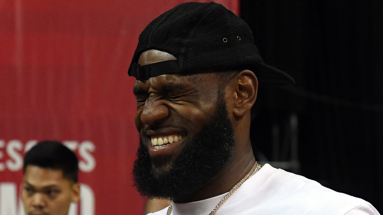 LAS VEGAS, NV - JULY 15: LeBron James of the Los Angeles Lakers laughs as he attends a quarterfinal game of the 2018 NBA Summer League between the Lakers and the Detroit Pistons at the Thomas & Mack Center on July 15, 2018 in Las Vegas, Nevada.