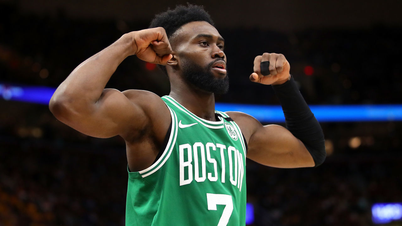 CLEVELAND, OH - MAY 21: Jaylen Brown #7 of the Boston Celtics reacts after a basket in the fourth quarter against the Cleveland Cavaliers during Game Four of the 2018 NBA Eastern Conference Finals at Quicken Loans Arena on May 21, 2018 in Cleveland, Ohio.