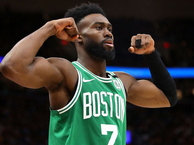 CLEVELAND, OH - MAY 21: Jaylen Brown #7 of the Boston Celtics reacts after a basket in the fourth quarter against the Cleveland Cavaliers during Game Four of the 2018 NBA Eastern Conference Finals at Quicken Loans Arena on May 21, 2018 in Cleveland, Ohio.
