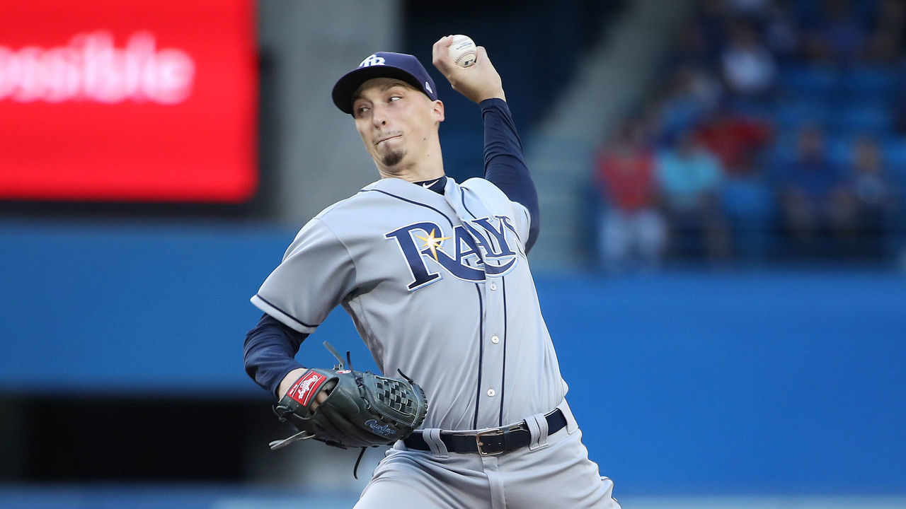 TORONTO, ON - AUGUST 10: Blake Snell #4 of the Tampa Bay Rays delivers a pitch in the first inning during MLB game action against the Toronto Blue Jays at Rogers Centre on August 10, 2018 in Toronto, Canada.