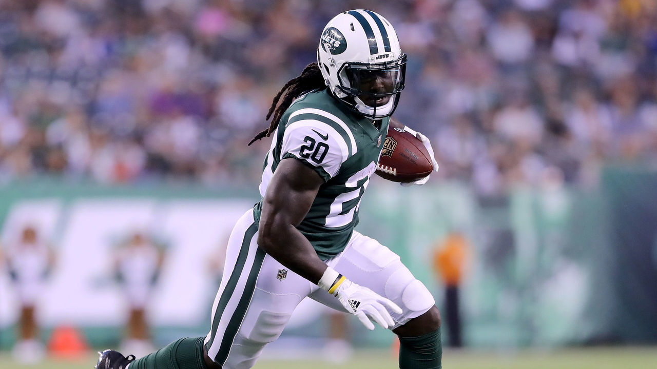 EAST RUTHERFORD, NJ - AUGUST 10: Isaiah Crowell #20 of the New York Jets runs the ball in for a touchdown in the first quarter against the Atlanta Falcons during a preseason game at MetLife Stadium on August 10, 2018 in East Rutherford, New Jersey.