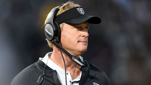 OAKLAND, CA - AUGUST 10: Head coach Jon Gruden of the Oakland Raiders looks on from the sidelines against the Detroit Lions in the second quarter of an NFL preseason football game at Oakland Alameda Coliseum on August 10, 2018 in Oakland, California.