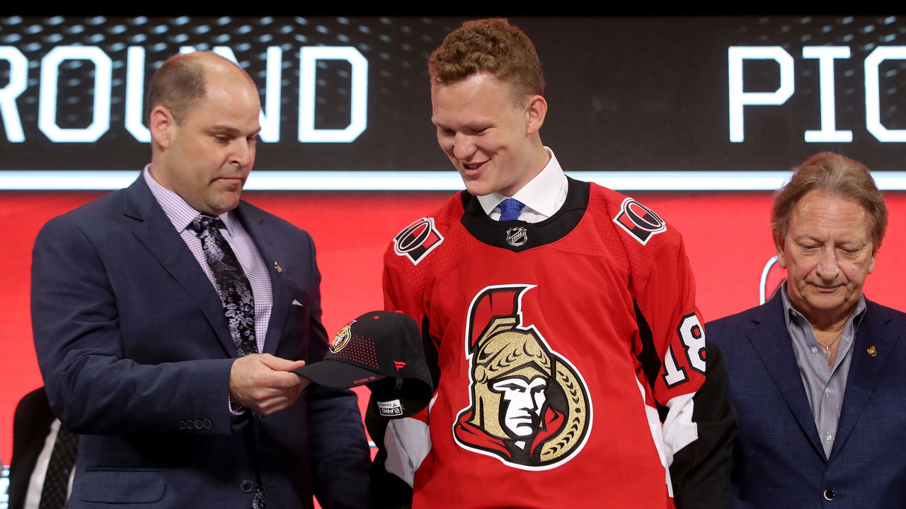 DALLAS, TX - JUNE 22: Brady Tkachuk reacts after being selected fourth overall by the Ottawa Senators during the first round of the 2018 NHL Draft at American Airlines Center on June 22, 2018 in Dallas, Texas.