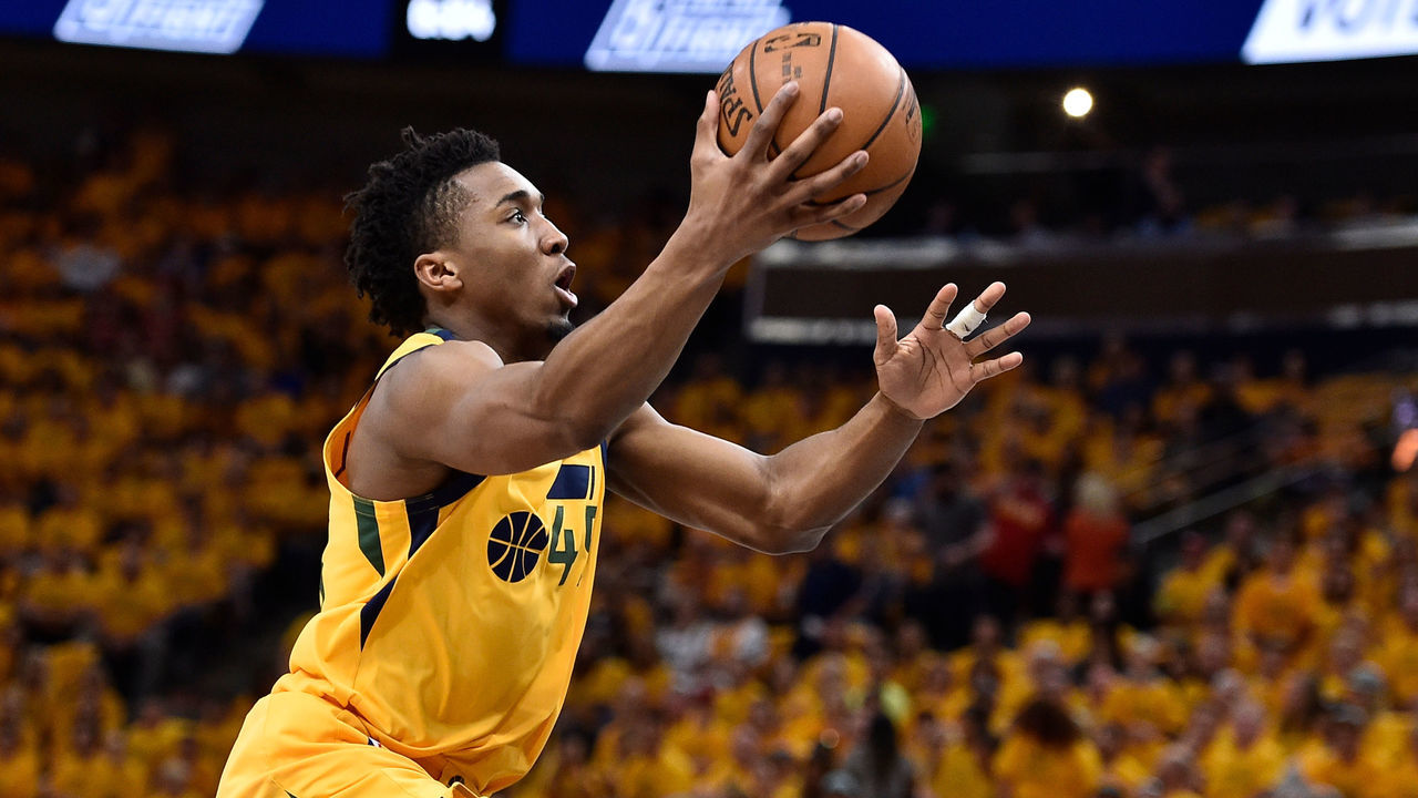 SALT LAKE CITY, UT - MAY 06: Donovan Mitchell #45 of the Utah Jazz goes to the basket in the first half during Game Four of Round Two of the 2018 NBA Playoffs against the Houston Rockets at Vivint Smart Home Arena on May 6, 2018 in Salt Lake City, Utah.