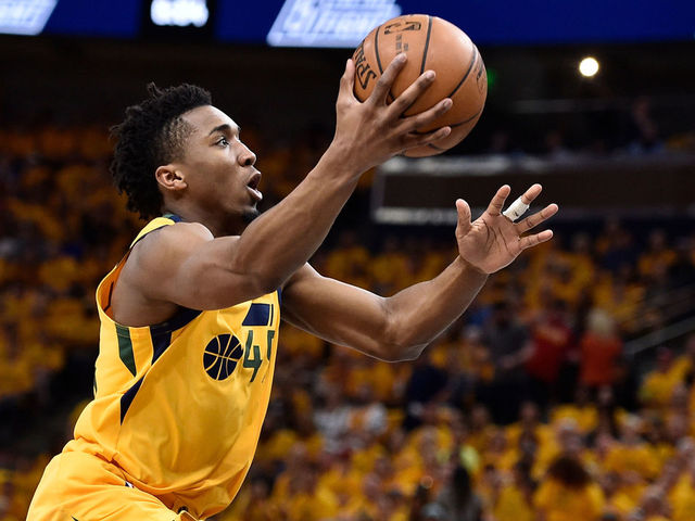 SALT LAKE CITY, UT - MAY 06: Donovan Mitchell #45 of the Utah Jazz goes to the basket in the first half during Game Four of Round Two of the 2018 NBA Playoffs against the Houston Rockets at Vivint Smart Home Arena on May 6, 2018 in Salt Lake City, Utah.