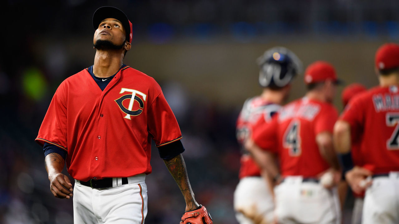 MINNEAPOLIS, MN - JULY 30: Ervin Santana #54 of the Minnesota Twins reacts as he leaves the game against the Cleveland Indians in the sixth inning on July 30, 2018 at Target Field in Minneapolis, Minnesota. The Twins defeated the Indians 5-4.