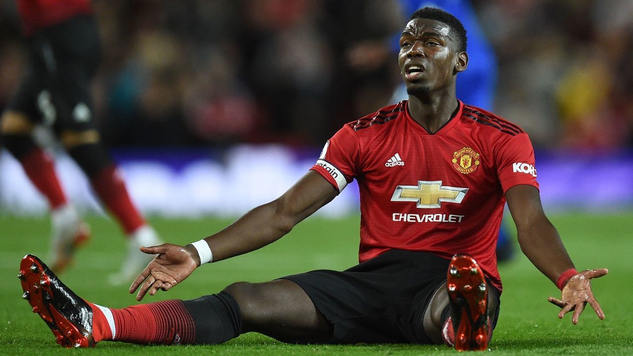 Manchester United's French midfielder Paul Pogba gestures during the English Premier League football match between Manchester United and Leicester City at Old Trafford in Manchester, north west England, on August 10, 2018.