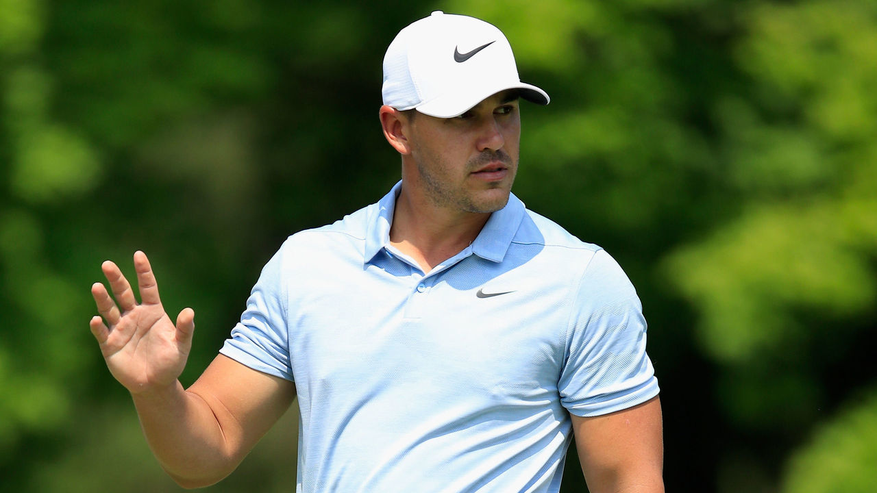 ST LOUIS, MO - AUGUST 11: Brooks Koepka of the United States acknowledges the crowd on the fifth green during the third round of the 2018 PGA Championship at Bellerive Country Club on August 11, 2018 in St Louis, Missouri.