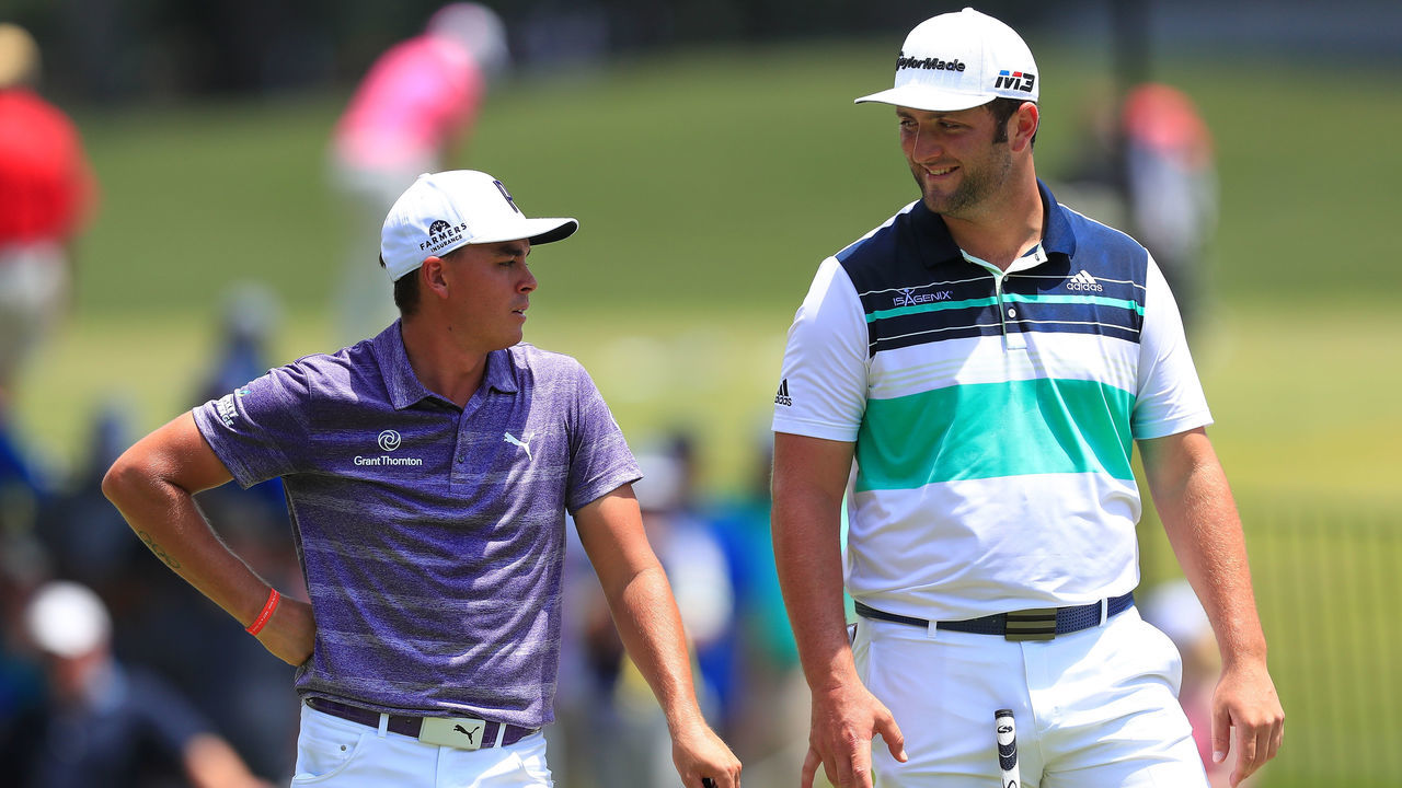 FORT WORTH, TX - MAY 25: Rickie Fowler talks with Jon Rahm of Spain on the fifth hole during round two of the Fort Worth Invitational at Colonial Country Club on May 25, 2018 in Fort Worth, Texas.