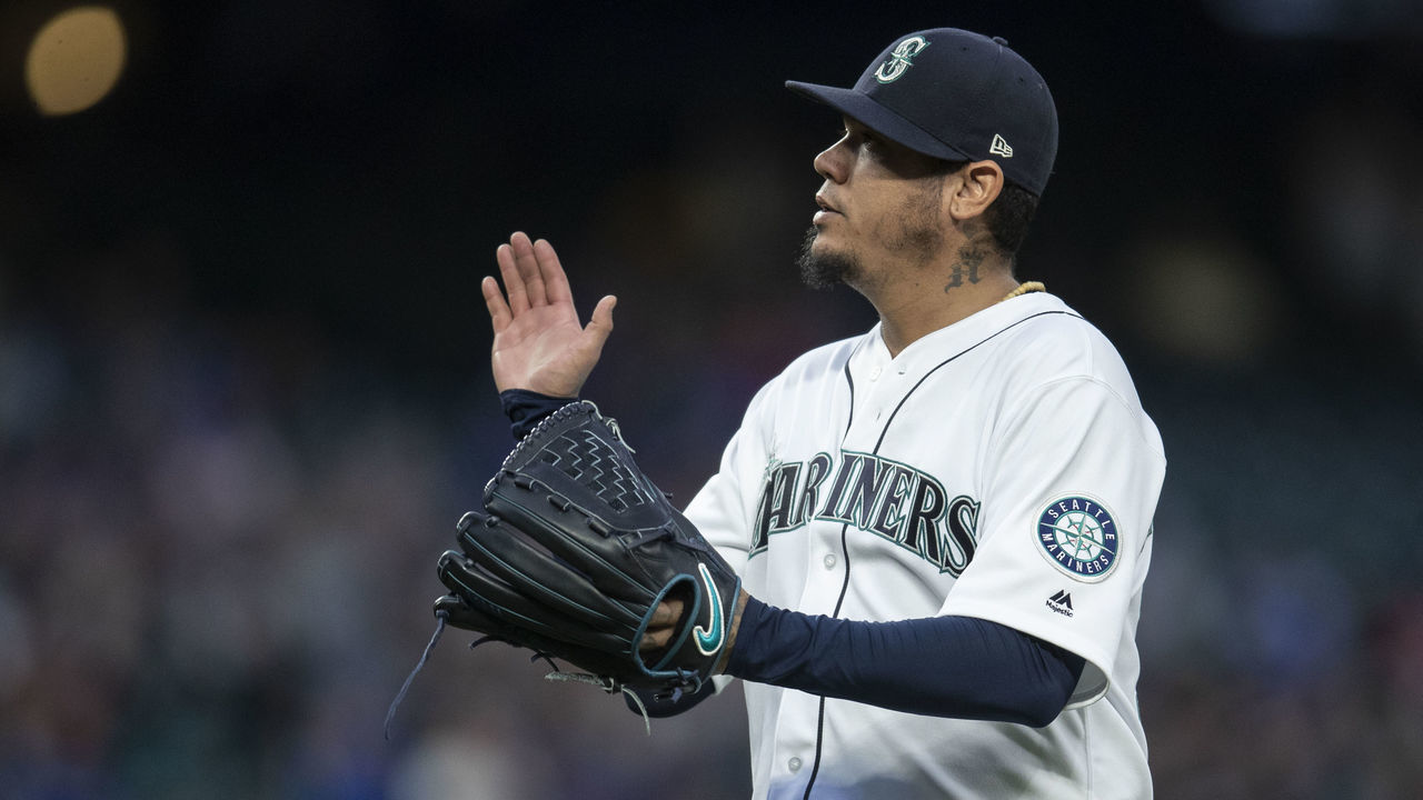 SEATTLE, WA - AUGUST 2: Starting pitcher Felix Hernandez #34 of the Seattle Mariners reacts as he walks off the field after pitching the fifth inning of a game against the Toronto Blue Jays at Safeco Field on August 2, 2018 in Seattle, Washington. The Blue Jays won 7-3.