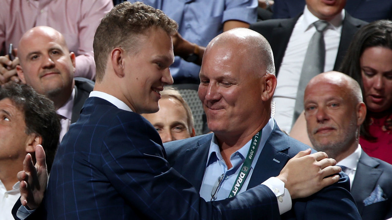 DALLAS, TX - JUNE 22: Brady Tkachuk reacts after being selected fourth overall by the Ottawa Senators during the first round of the 2018 NHL Draft at American Airlines Center on June 22, 2018 in Dallas, Texas.