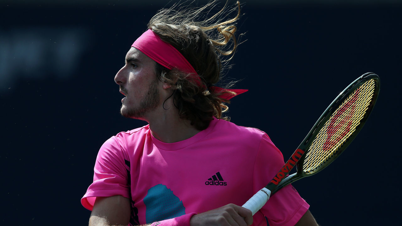 TORONTO, ON - AUGUST 11: Stefanos Tsitsipas of Greece plays a shot against Kevin Anderson of South Africa during a semi final match on Day 6 of the Rogers Cup at Aviva Centre on August 11, 2018 in Toronto, Canada.
