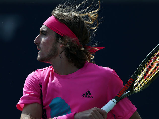 TORONTO, ON - AUGUST 11: Stefanos Tsitsipas of Greece plays a shot against Kevin Anderson of South Africa during a semi final match on Day 6 of the Rogers Cup at Aviva Centre on August 11, 2018 in Toronto, Canada.