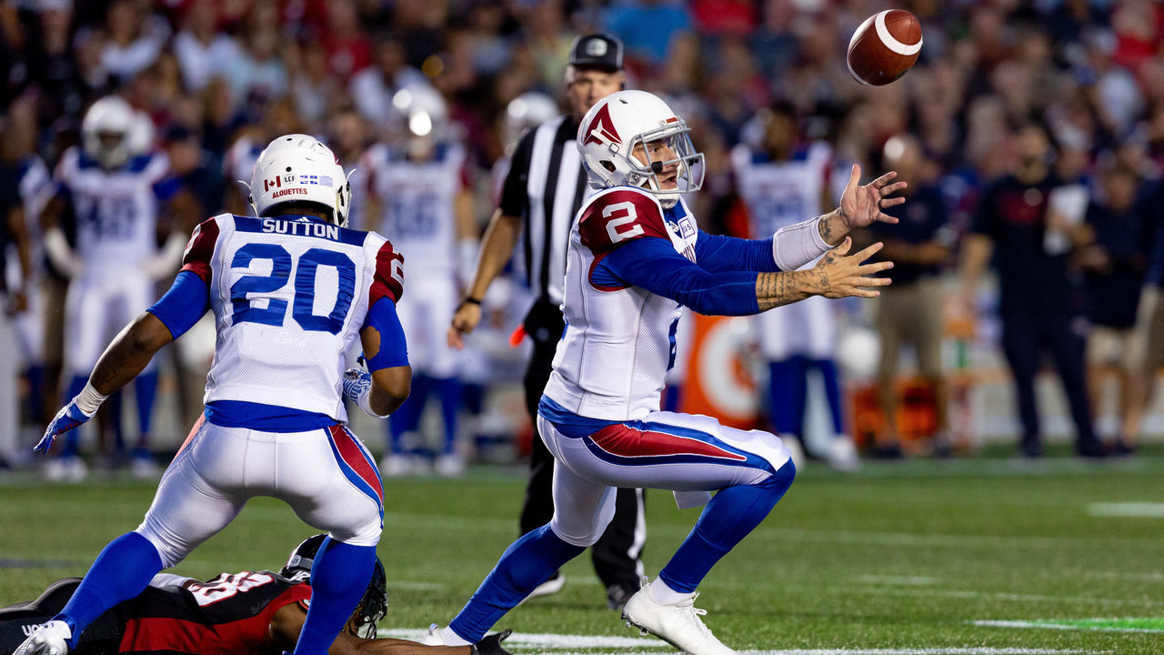 OTTAWA, ON - AUGUST 11: Montreal Alouettes quarterback Johnny Manziel (2) scrambles to recover a botched snap during Canadian Football League action between the Montreal Alouettes and Ottawa Redblacks on August 11, 2018 at TD Place Stadium, in Ottawa, ON, Canada.