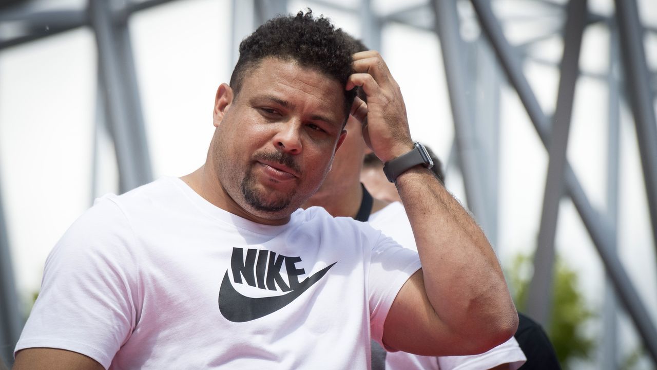 Former Brazilian international player Ronaldo gestures during a promotional event in Moscow on June 12, 2018, ahead of the Russia 2018 World Cup football tournament.