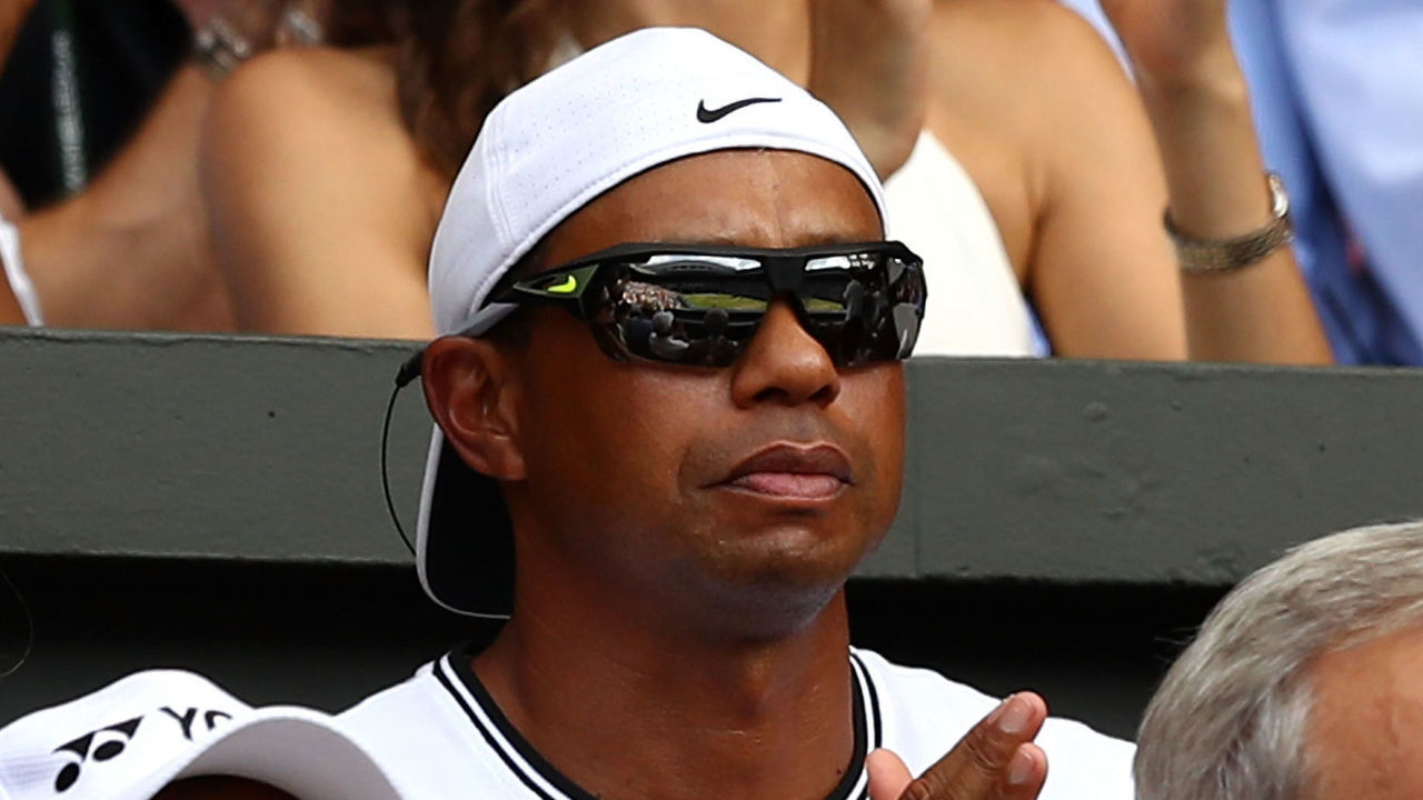 LONDON, ENGLAND - JULY 14: Tiger Woods watches the Ladies' Singles final on day twelve of the Wimbledon Lawn Tennis Championships at All England Lawn Tennis and Croquet Club on July 14, 2018 in London, England.