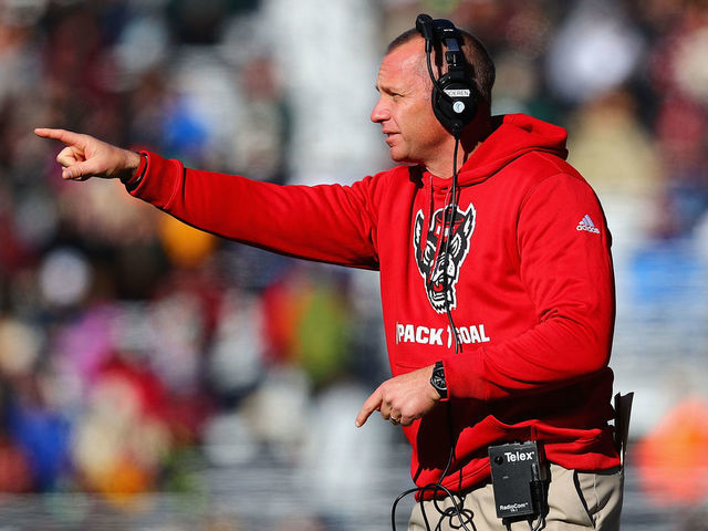 CHESTNUT HILL, MA - NOVEMBER 11: Head coach Dave Doeren of the North Carolina State Wolfpack gestures during the first half against the Boston College Eagles at Alumni Stadium on November 11, 2017 in Chestnut Hill, Massachusetts.