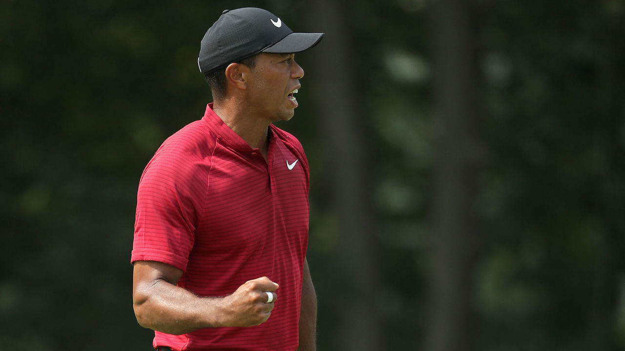 ST LOUIS, MO - AUGUST 12: Tiger Woods of the United States reacts after making a putt for birdie on the ninth green during the final round of the 2018 PGA Championship at Bellerive Country Club on August 12, 2018 in St Louis, Missouri.