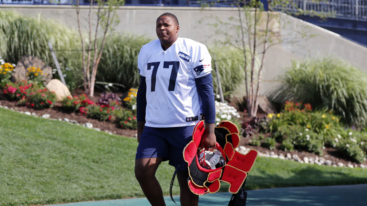 FOXBOROUGH, MA - JULY 27: New England Patriots offensive lineman Trent Brown (77) during Patriots Training Camp on July 27, 2018, at the Patriots Practice Facility at Gillette Stadium in Foxborough, Massachusetts.