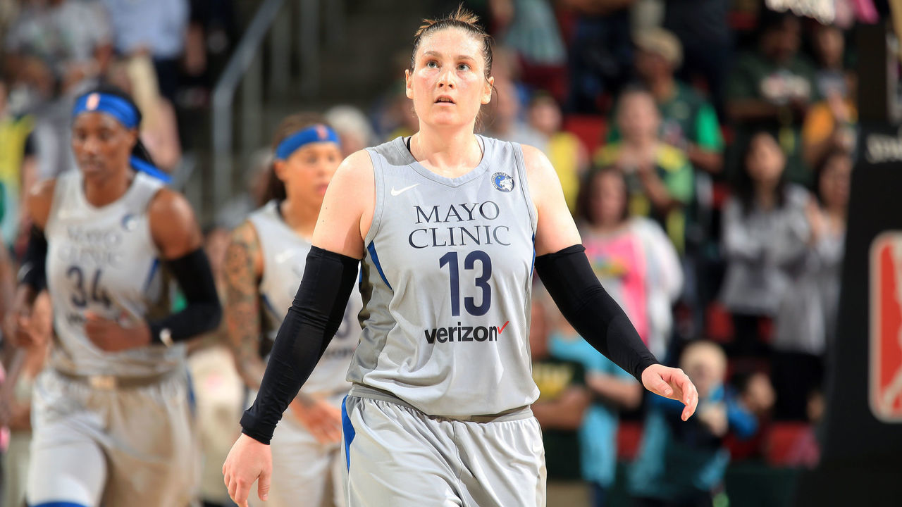 SEATTLE, WA - AUGUST 3: Lindsay Whalen #13 of the Minnesota Lynx looks on during the game against the Seattle Storm on August 3, 2018 at Key Arena in Seattle, Washington. NOTE TO USER: User expressly acknowledges and agrees that, by downloading and/or using this photograph, user is consenting to the terms and conditions of Getty Images License Agreement. Mandatory Copyright Notice: Copyright 2018 NBAE