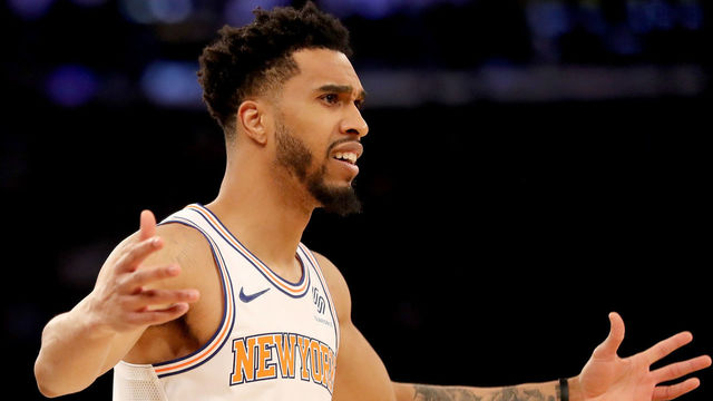 NEW YORK, NY - FEBRUARY 26: Courtney Lee #5 of the New York Knicks reacts to a call against the New York Knicks in the first half against the Golden State Warriors at Madison Square Garden on February 26,2018 in New York City.