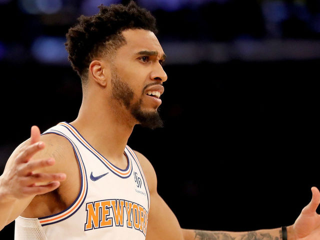 NEW YORK, NY - FEBRUARY 26: Courtney Lee #5 of the New York Knicks reacts to a call against the New York Knicks in the first half against the Golden State Warriors at Madison Square Garden on February 26,2018 in New York City.