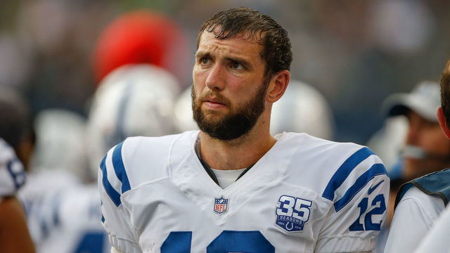 SEATTLE, WA - AUGUST 09: Quarterback Andrew Luck #12 of the Indianapolis Colts looks on during the game against the Seattle Seahawks at CenturyLink Field on August 9, 2018 in Seattle, Washington.
