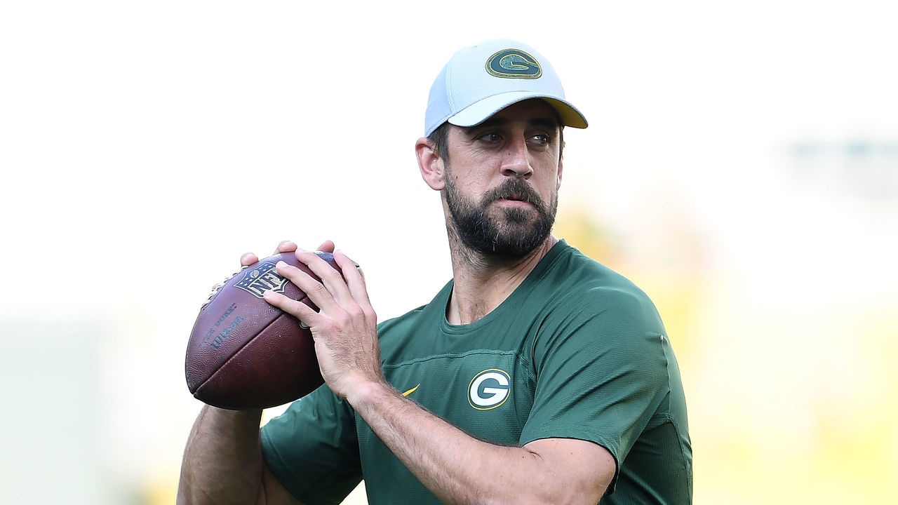 GREEN BAY, WI - AUGUST 09: Aaron Rodgers #12 of the Green Bay Packers participates in warmups prior to a preseason game against the Tennessee Titans at Lambeau Field on August 9, 2018 in Green Bay, Wisconsin.