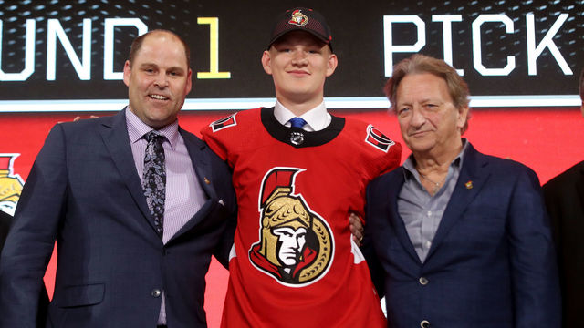 DALLAS, TX - JUNE 22: Brady Tkachuk poses after being selected fourth overall by the Ottawa Senators during the first round of the 2018 NHL Draft at American Airlines Center on June 22, 2018 in Dallas, Texas.
